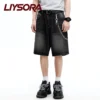 LIYSORA Spring Summer American Retro Men's Black Grey Baggy Cowboy Shorts Male High Street Printed Short Pants Men's Clothes